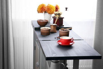 Coffee preparation on kitchen table, close up