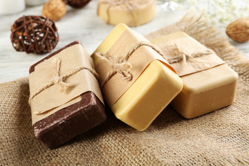 Soap set on a cloth background, close up