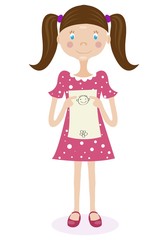 Little girl in the dress is holding a sheet of paper with the inscription, text.  Vector illustration