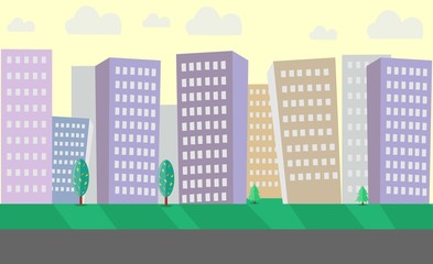City street with skyscrapers. Vector illustration. Flat style