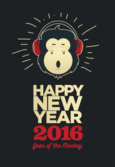 Happy New Year 2016 Flyer, Banner or Pamphlet. Funny monkey with headphones. Eve Party celebration template
