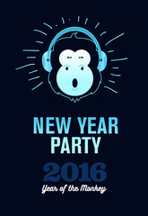 Happy New Year 2016 Flyer, Banner or Pamphlet. Funny monkey with headphones. Eve Party celebration template