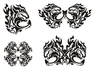 Flaming black dragon. Twirled dragon symbols. Black on the white