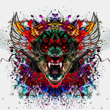 Иллюстрация Сердитой головы волка на красочном абстрактном фоне
