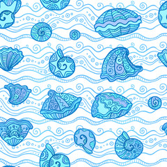 Vector blue seashells and waves seamless pattern