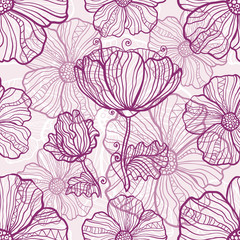 Ornate poppy flowers vector seamless pattern