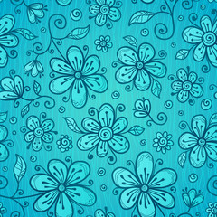Fototapeta na wymiar Blue line drawn flowers seamless pattern