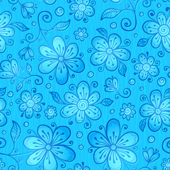 Fototapeta na wymiar Blue line drawn flowers seamless pattern