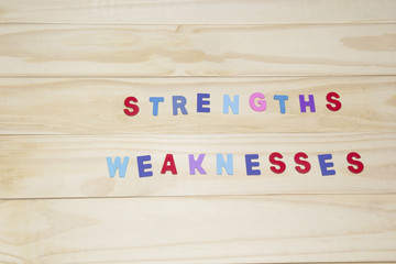the colorful word "strengths and weaknesses" on wood background.