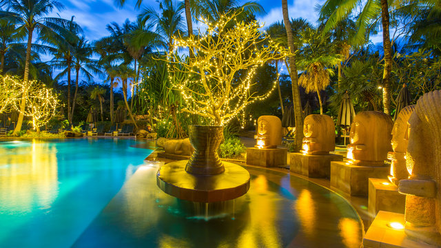 Night View Of Beautiful Swimming Pool In Tropical Resort , Phuket, Thailand