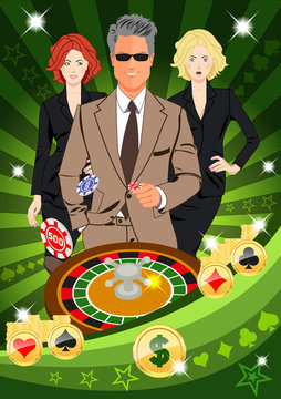 Confident lucky man surrounded by beautiful women throws chips while spinning roulete. Design concept for gambling luck ans successful play. Use for print products, page and web decor or other design.