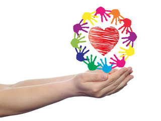 Concept circle of hands, red heart love symbol