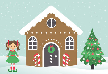 christmas house building with girl elf and fir-tree