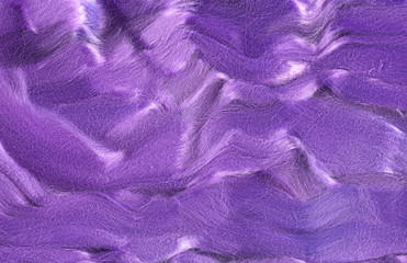 Wavy fibers merino wool. Background violet. Wool for felting