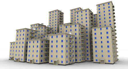 Multi-storey residential buildings on a white surface