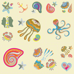 Obraz premium Vector Marine Seamless Pattern. Sea Patchwork.