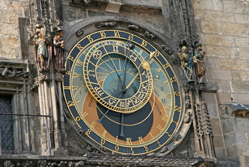 Fototapeta na wymiar PRAGUE, CZECH REPUBLIC - APRIL 16, 2010: Prague Astronomical Clock (Prague Orloj) on the wall of Old Town City Hall, Prague, Czech Republic