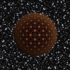 Dark brown Christmas ball decorated with bronze regular ornament, rimed on the snowy black background