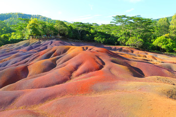 Main sight of Mauritius, Chamarell, seven color lands. Natural parks off Mauritius Island..