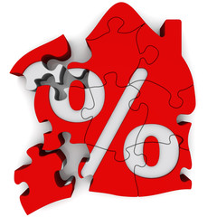 Interest on the mortgage. Red symbol of house with percentage symbol made from puzzles. Financial concept