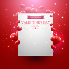 Paper Valentines day card on a red background hearts an sparkles.
