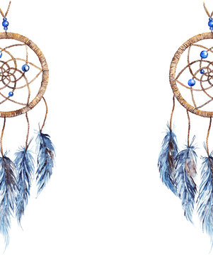Watercolor ethnic tribal hand made feather dreamcatcher isolated