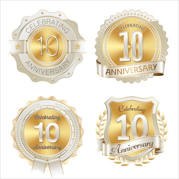 Gold and White Anniversary Badge 10th Years Celebrating