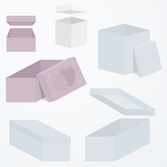 Set of 3d gift boxes packaging in different perspectives and shapes, flat colors, vector illustration