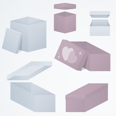 Set of 3d gift boxes packaging in different perspectives and shapes, 3d, gradients, vector illustration