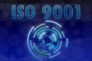 ISO 9001 word on blue geometric background