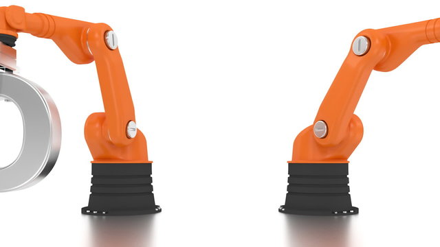 Industrial robotic arms building JOBS word on white background
