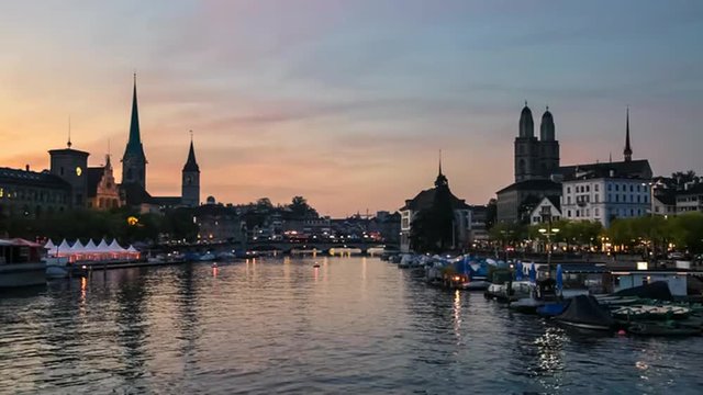 Zurich Skyline and the River Limmat at Sunset, Switzerland