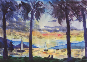 Sea view. Palm trees, ships, mountains. Watercolor painting 