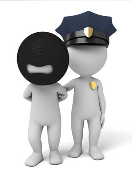 3d policeman arrest a thief. 3d image. Isolated white background.