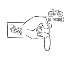 hand pointing to a shop selling and repairing bicycles.
new bike on his hand on a white background, advertising and sports shop. vector illustration