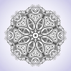 Circular black and white floral ornament Indian Hand drawn henna mehndi tattoo vector etnnik decor meditation on an isolated background