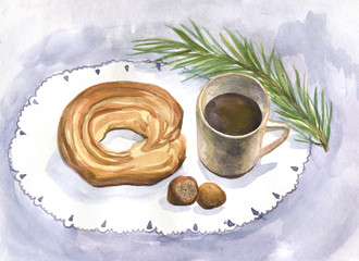 Still life, Breakfast, coffee, brioche, hazelnuts on a white napkin, with a spruce branch. Watercolor painting