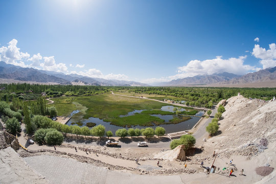 Pond in front of Shey Palace in Leh Ladakh.Light and shade from