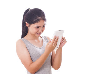 young women using tablet pc on white background