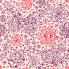 Seamless pattern with flowers, ladybug  and butterflies. Romantic floral background. Pink, purple and violet colors. Detailed vector illustration. 