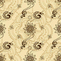 Vector seamless texture with floral ornament in indian style. Mehndi ornamental flowers