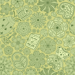 Seamless pattern with flowers, hearts, cards, bear, gift, key and ladybug.  Text Love you and Love of my life.  Green romantic  floral background. Good for Valentines day card, invitation, etc.