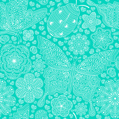 Seamless pattern with flowers, hearts and butterflies. Romantic floral background in blue and turquoise colors. Detailed vector illustration. 
