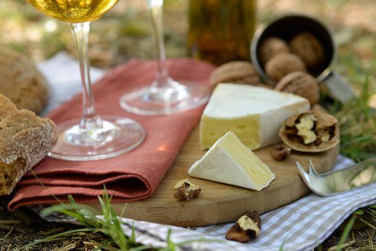 Beautiful composition of white wine, cheese, nuts and bread on the ground in the park