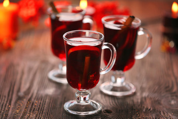 Mulled wine on wooden table