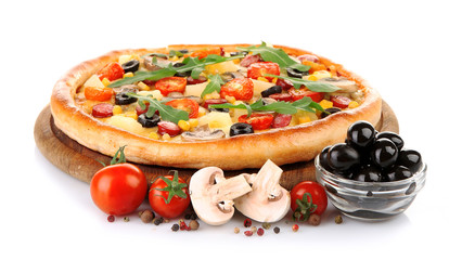 Delicious pizza with vegetables, isolated on white