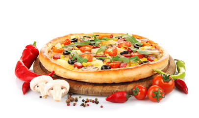Delicious pizza with vegetables, isolated on white