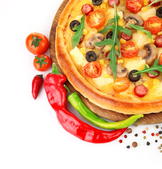 Delicious pizza with vegetables, isolated on white