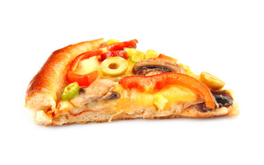 Slice of delicious pizza, isolated on white