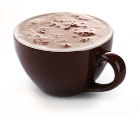 Brown cup of creamy cacao, isolated on white